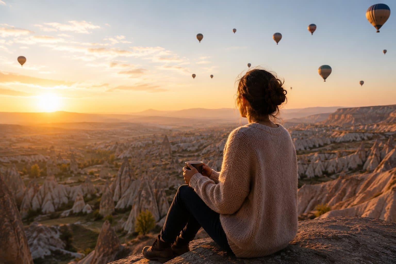 Reisende blickt auf Heißluftballons in Kappadokien bei Sonnenuntergang